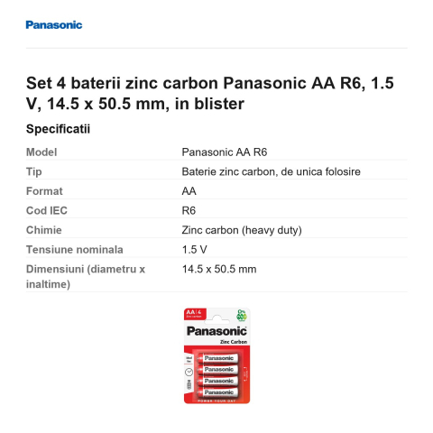 Set 4 baterii zinc carbon Panasonic AA R6, 1.5 V, 14.5 x 50.5 mm, in blister [2]