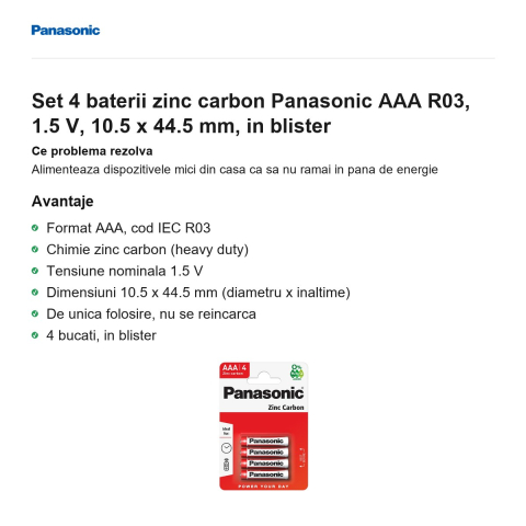 Set 4 baterii zinc carbon Panasonic AAA R03, 1.5 V, 10.5 x 44.5 mm, in blister [1]