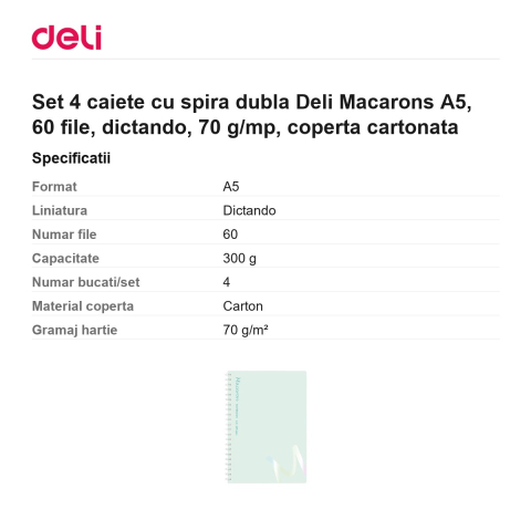 Set 4 caiete cu spira dubla Deli Macarons A5, 60 file, dictando, 70 g/mp, coperta cartonata [2]