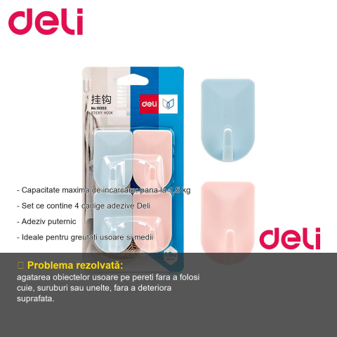 Set 4 carlige adezive Deli, capacitate 1.5 kg, colorate, pentru organizare usoara acasa si la birou [1]