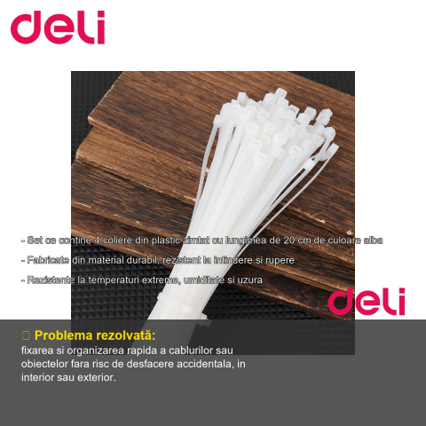Set 4 coliere plastic zimtate Deli, 200 mm, albe, pentru cabluri si bricolaj [1]