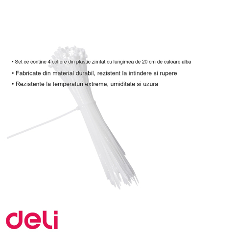 Set 4 coliere plastic zimtate Deli, 200 mm, albe, pentru cabluri si bricolaj [2]