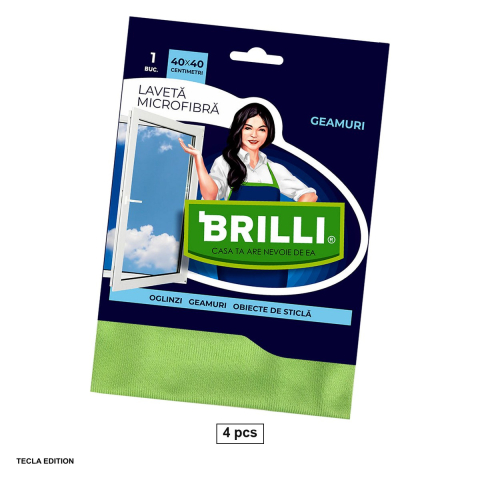 Lavete si prosoape - Set 4 lavete din microfibra Brilli pentru curatarea si lustruirea geamurilor si oglinzilor, nu lasa urme sau scame, 40x40 cm