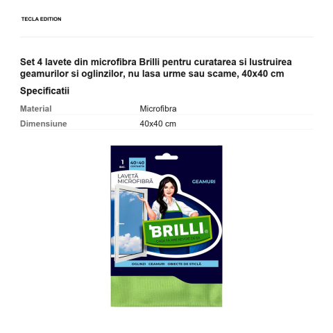 Set 4 lavete din microfibra Brilli pentru curatarea si lustruirea geamurilor si oglinzilor, nu lasa urme sau scame, 40x40 cm [2]