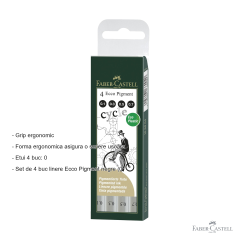 Set 4 linere Faber-Castell Ecco Pigment negre, varfuri 0.1/0.3/0.5/0.7 mm, rezistente la apa, pentru desen si schite tehnice [1]