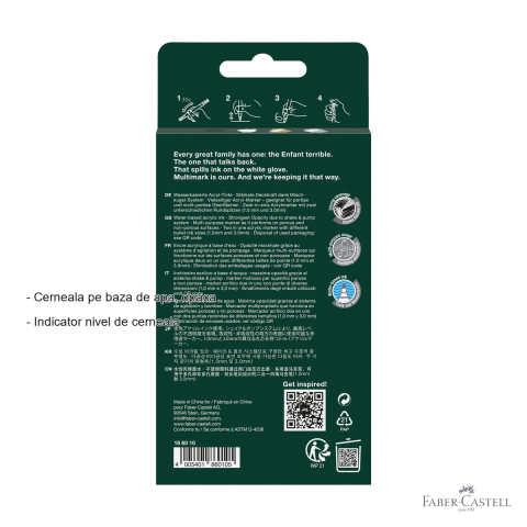 Set 4 markere acrilice Faber-Castell Multimark, varf dublu, culori negru-alb-gri-auriu, pentru suprafete multiple [1]