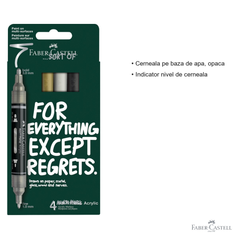 Set 4 markere acrilice Faber-Castell Multimark, varf dublu, culori negru-alb-gri-auriu, pentru suprafete multiple [2]
