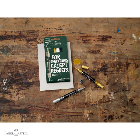 Set 4 markere acrilice Faber-Castell Multimark, varf dublu, culori negru-alb-gri-auriu, pentru suprafete multiple [3]