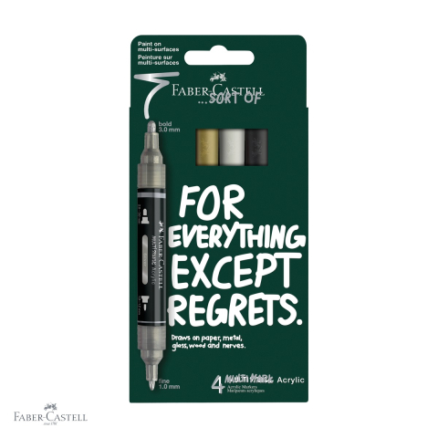 Markere si instrumente de desen artistic - Set 4 markere acrilice Faber-Castell Multimark, varf dublu, culori negru-alb-gri-auriu, pentru suprafete multiple