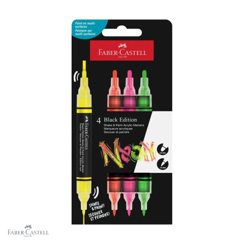 Markere si instrumente de desen artistic - Set 4 markere acrilice Faber-Castell Shake&Paint culori neon, varf dublu, pentru suprafete multiple