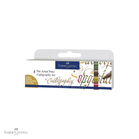Markere si instrumente de desen artistic - Set 4 markere caligrafice Faber-Castell Pitt Artist Pen, varf caligrafic 2.5 mm, cerneala pigmentata rezistenta la apa