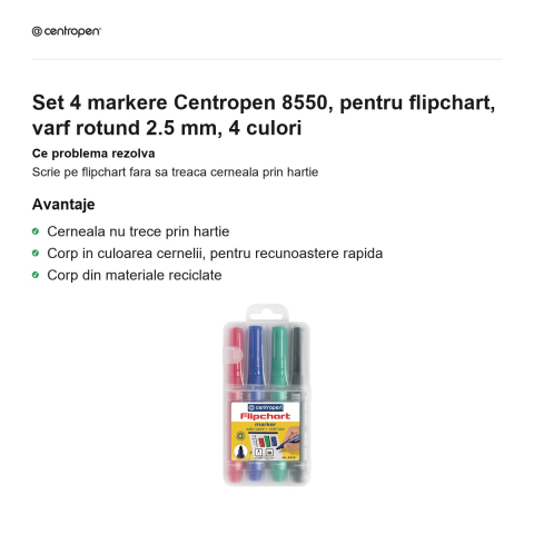 Set 4 markere Centropen 8550, pentru flipchart, varf rotund 2.5 mm, 4 culori [1]