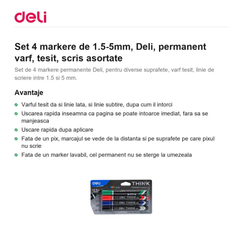 Set 4 markere de 1.5-5mm, Deli, permanent varf, tesit, scris asortate [1]