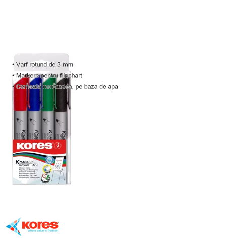 Set 4 markere flipchart Kores Eco, varf rotund 3 mm, cerneala pe baza de apa, pentru prezentari si training [2]