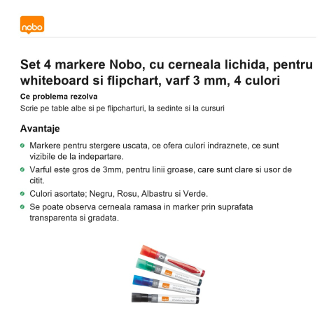 Set 4 markere Nobo, cu cerneala lichida, pentru whiteboard si flipchart, varf 3 mm, 4 culori [1]