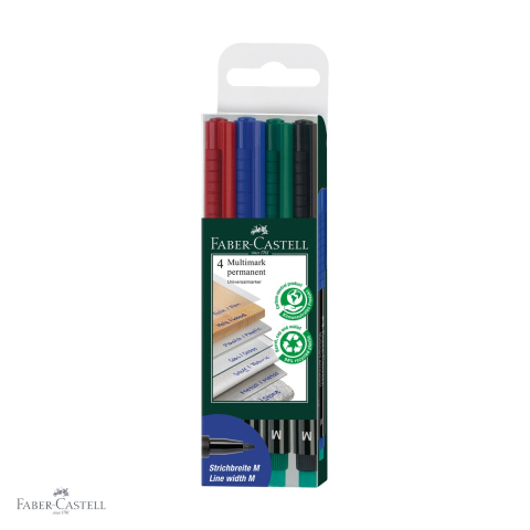 Birotica papetarie - Set 4 markere permanente Faber-Castell Multimark, varf mediu M 1.0 mm, pentru CD, sticla, metal si plastic