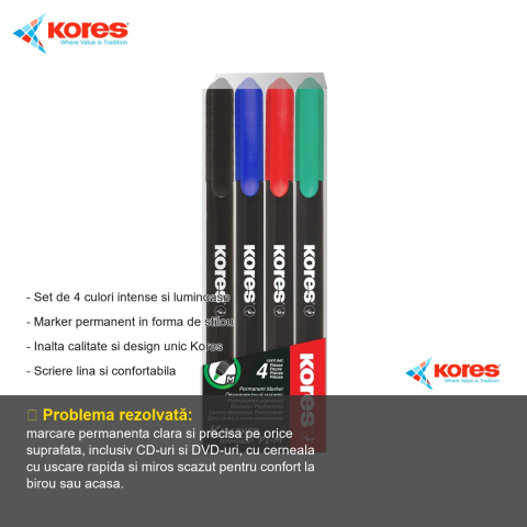 Set 4 markere permanente Kores, varf 1mm, cerneala cu uscare rapida, pentru toate suprafetele [1]