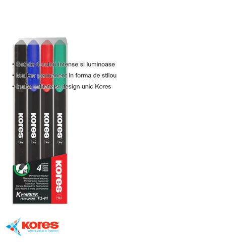 Set 4 markere permanente Kores, varf 1mm, cerneala cu uscare rapida, pentru toate suprafetele [2]