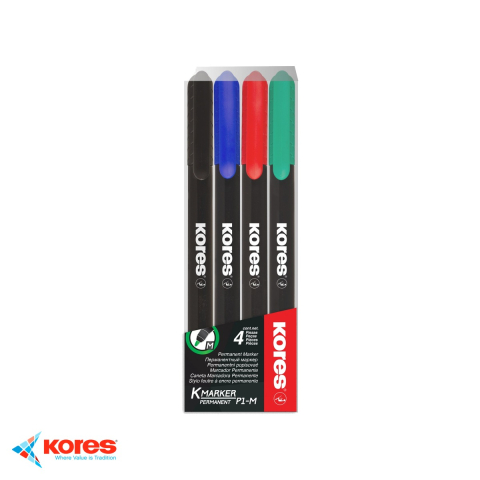 Instrumente de scris - Set 4 markere permanente Kores, varf 1mm, cerneala cu uscare rapida, pentru toate suprafetele