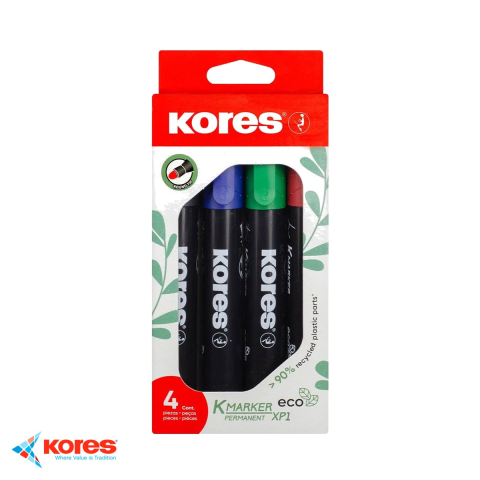 Instrumente de scris - Set 4 markere permanente Kores, varf rotund 3 mm, eco, pentru orice suprafata