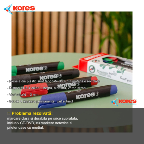 Set 4 markere permanente Kores, varf rotund 3 mm, eco, pentru orice suprafata [1]