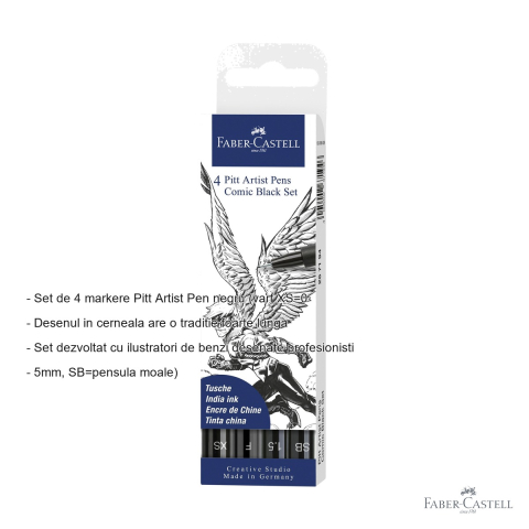 Set 4 markere Pitt Artist Pen Faber-Castell, cerneala neagra, pentru ilustratie si benzi desenate [1]