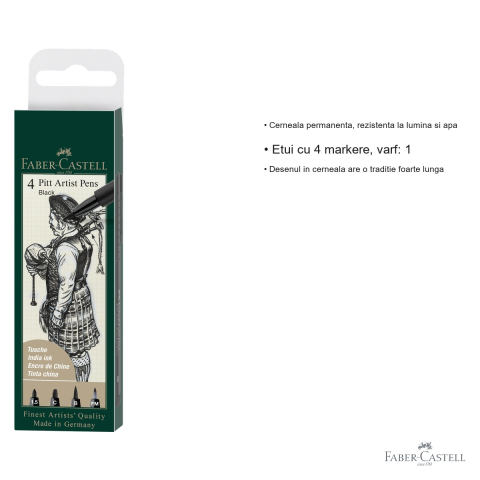 Set 4 markere Pitt Artist Pen Faber-Castell, cerneala permanenta negru, pentru desen si ilustratie [2]