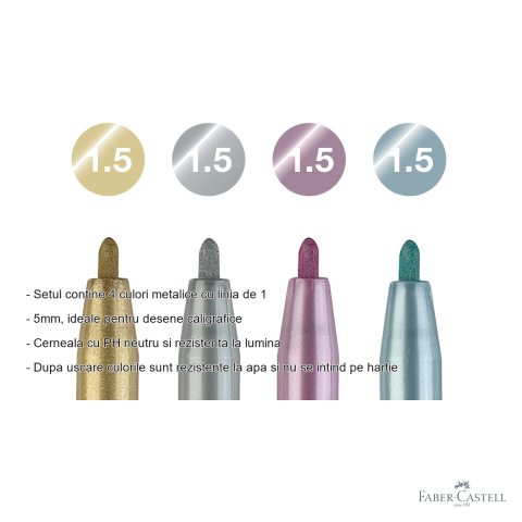 Set 4 markere Pitt Artist Pen Faber-Castell, culori metalizate, linie 1.5mm, pentru desen si caligrafie [1]