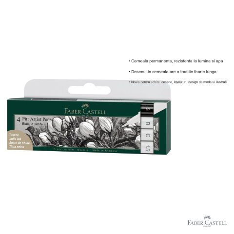 Set 4 markere Pitt Artist Pen Faber-Castell, varf pensula si caligrafic, alb si negru, pentru ilustratie si design [2]
