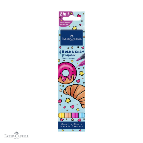 Markere si instrumente de desen artistic - Set 4 markere sketch cu 2 capete Faber-Castell Goldfaber Bold and Easy II, varf pensula si liner, cerneala alcool