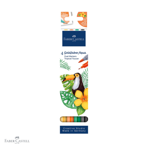 Markere si instrumente de desen artistic - Set 4 markere solubile cu 2 capete Faber-Castell Goldfaber, colectia Tropical Toucan, pentru pictura si desen