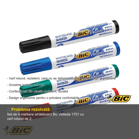 Set 4 markere whiteboard Bic Velleda 1701, varf rotund, cerneala pe baza de alcool, pentru table albe [1]