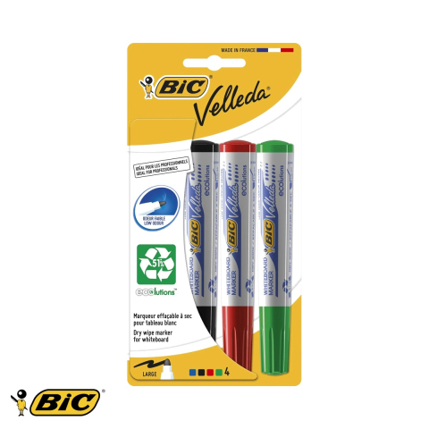 Marker pentru tabla de scris - Set 4 markere whiteboard Bic Velleda 1701, varf rotund, cerneala pe baza de alcool, pentru table albe