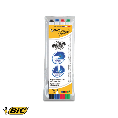 Birotica papetarie - Set 4 markere whiteboard Bic Velleda 1721, varf subtire rotund, pentru table albe