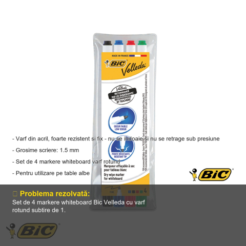 Set 4 markere whiteboard Bic Velleda 1721, varf subtire rotund, pentru table albe [1]