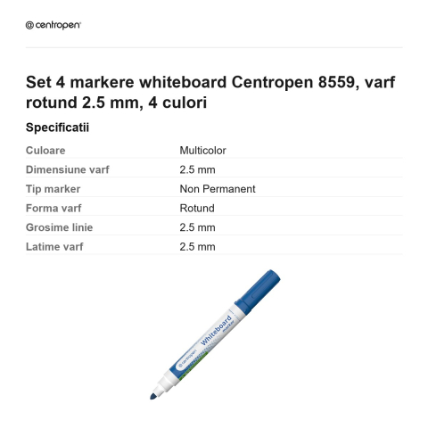 Set 4 markere whiteboard Centropen 8559, varf rotund 2.5 mm, 4 culori [2]