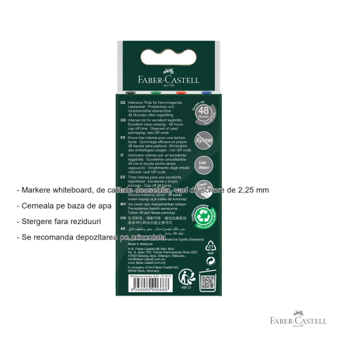 Set 4 markere whiteboard Faber-Castell W20, varf 2,25 mm, cerneala pe baza de apa, pentru tabla alba [1]