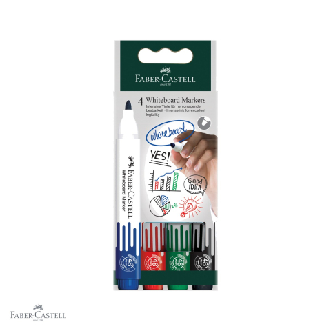 Marker pentru tabla de scris - Set 4 markere whiteboard Faber-Castell W20, varf 2,25 mm, cerneala pe baza de apa, pentru tabla alba