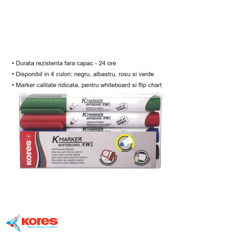 Set 4 markere whiteboard Kores, varf rotund 3mm, uscare rapida, pentru table albe si flip chart [2]