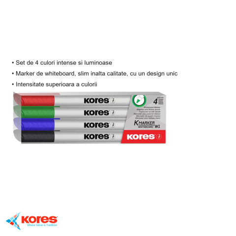 Set 4 markere whiteboard slim Kores, culori intense, scriere lina pentru table albe [2]