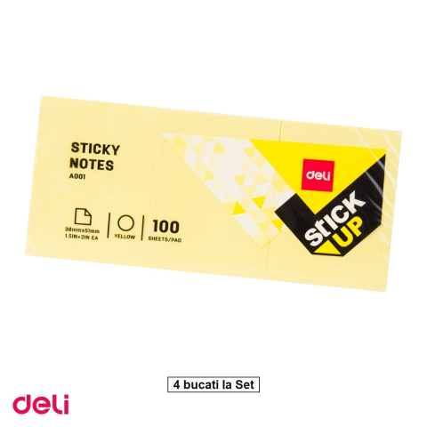 Organizare si arhivare - Set 4 notesuri Deli, adeziv 3x38x51 galben 100 file, 38x51 mm