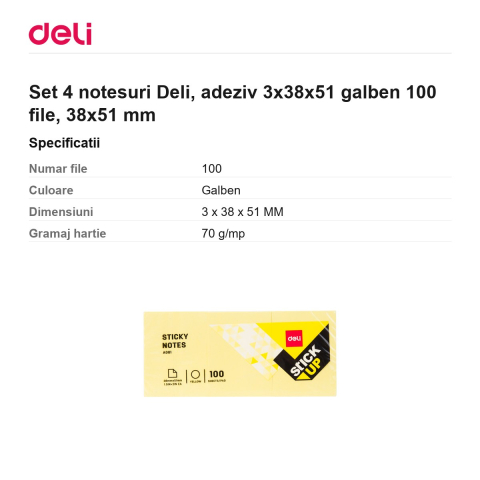 Set 4 notesuri Deli, adeziv 3x38x51 galben 100 file, 38x51 mm [2]
