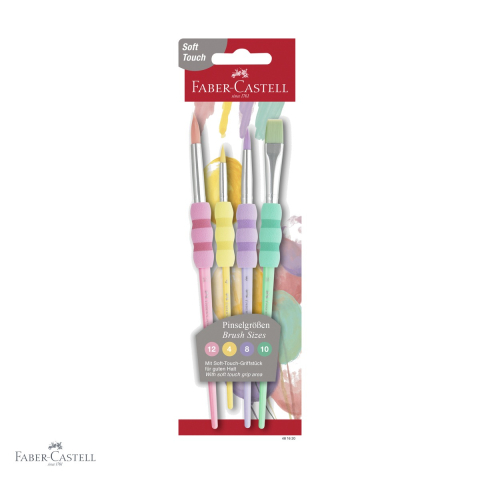 Pensule - Set 4 pensule Faber-Castell Soft Touch Pastel, par sintetic, rotunde si tesite, pentru desen si pictura