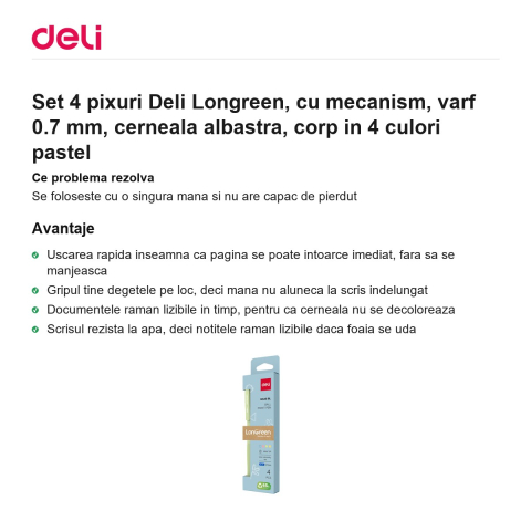 Set 4 pixuri Deli Longreen, cu mecanism, varf 0.7 mm, cerneala albastra, corp in 4 culori pastel [1]