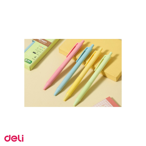Set 4 pixuri Deli Longreen, cu mecanism, varf 0.7 mm, cerneala neagra, corp in 4 culori pastel [4]