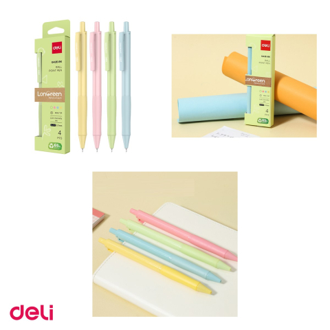Set 4 pixuri Deli Longreen, cu mecanism, varf 0.7 mm, cerneala neagra, corp in 4 culori pastel [3]