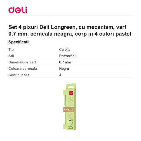Set 4 pixuri Deli Longreen, cu mecanism, varf 0.7 mm, cerneala neagra, corp in 4 culori pastel [2]