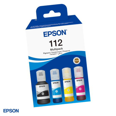 Imprimante - Set 4 sticle de cerneala Epson 112 EcoTank, 260 ml in total, cerneala pigment, randament 7.500 pagini negru si 6.000 pagini color, pentru imprimante EcoTank, negru, cyan, magenta, galben, C13T06C64A