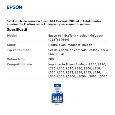 Set 4 sticle de cerneala Epson 664 EcoTank, 280 ml in total, pentru imprimante EcoTank seria L, negru, cyan, magenta, galben, C13T66464A [2]