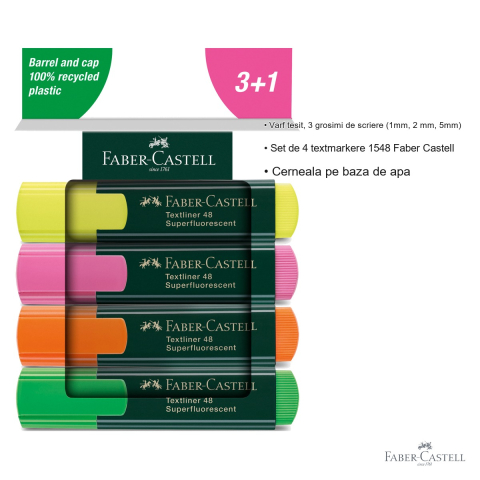 Set 4 textmarkere Faber-Castell 1548, varf tesit, cerneala pe baza de apa, pentru birou si scoala [2]